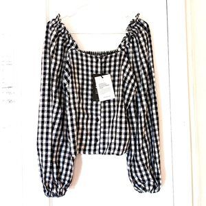 New Who What Wear Linen Black & White Gingham Button Front Top w Puffed Sleeves
